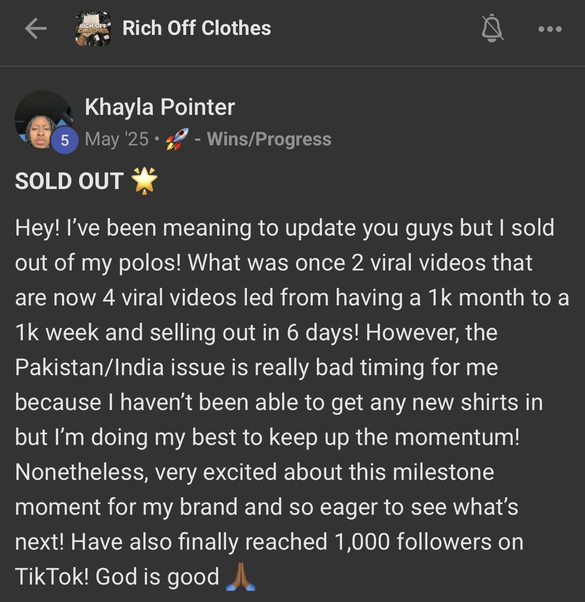 Student win: sold out polos, 1k month to 1k week, sold out in 6 days